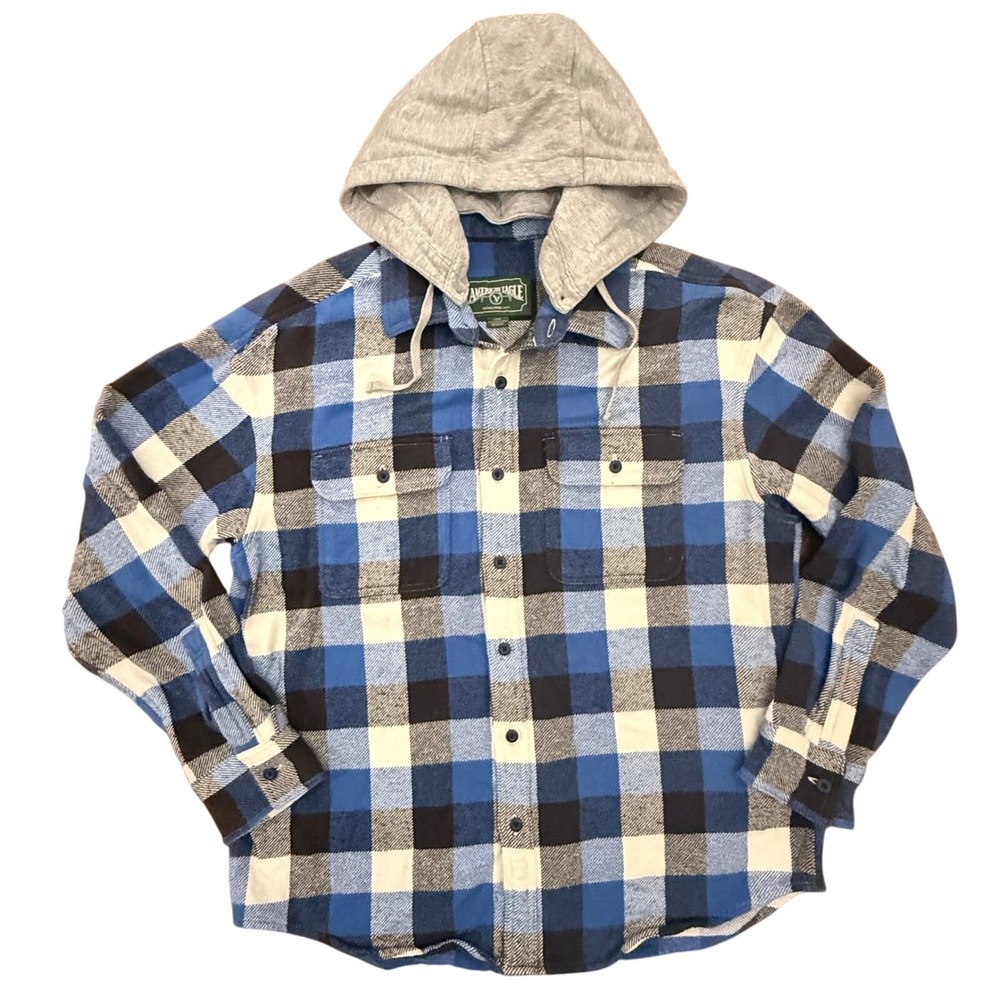 American‎ Eagle Mens Blue Plaid Hooded Flannel Shirt